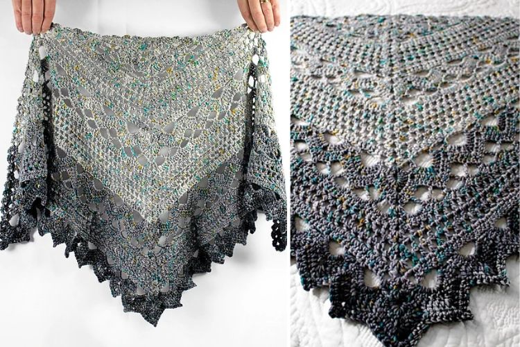 Handcrafted gray crochet shawl with intricate patterns and fringe detailing.