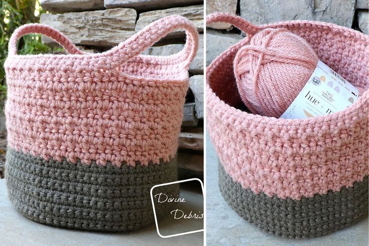 Handmade crochet storage baskets in pink and gray with yarn and a crochet hook inside.