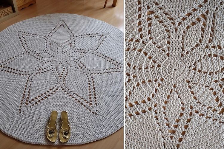 A pair of shoes placed on a round crocheted doily with a star pattern design.