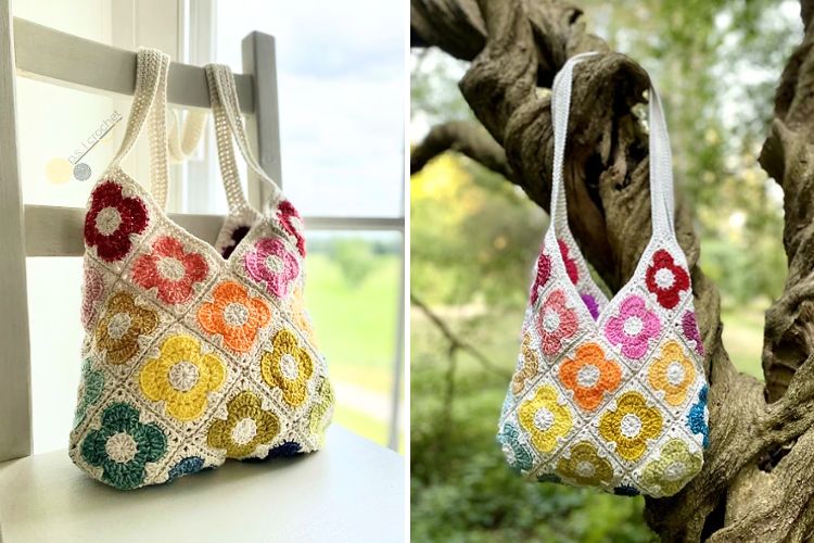 Handmade crochet tote bags adorned with colorful flower patterns displayed by hanging from a chair and a tree branch.