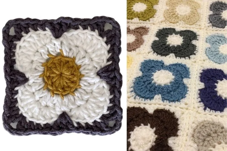 Multicolored crocheted squares arranged in a pattern, with a close-up of one square showcasing a floral design.