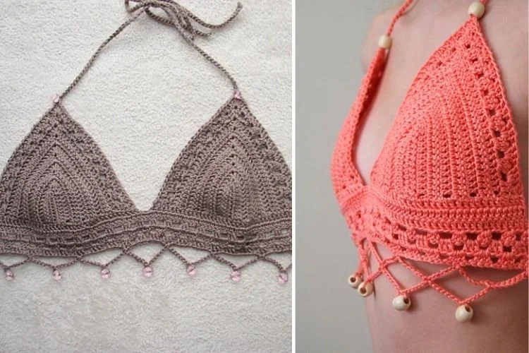 Two styles of crocheted bikini tops: one gray with fringe and bead details, and the other coral with a halter neck and bead embellishments.