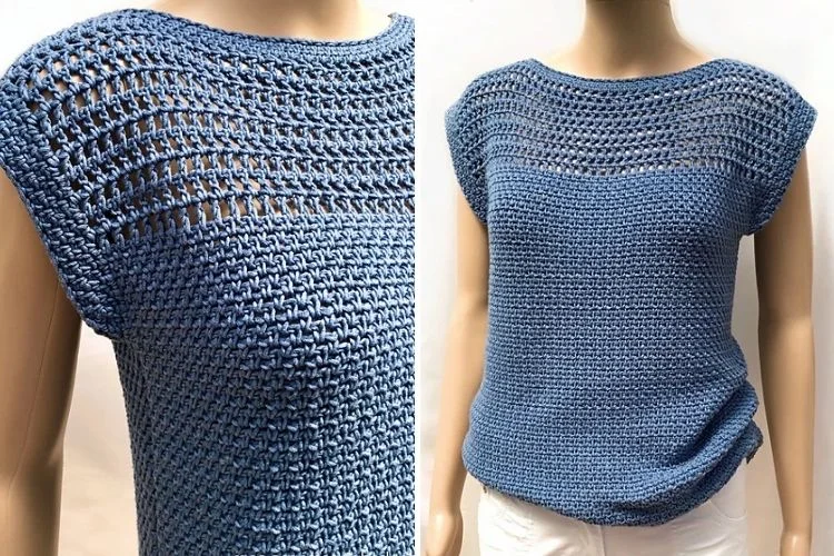 Blue crocheted top displayed on mannequins, showcasing the front and back designs.