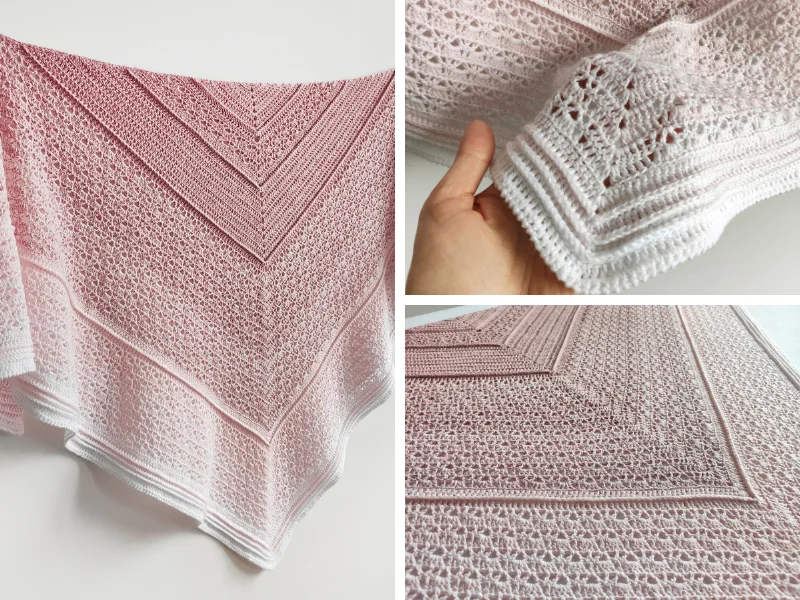 Three views of a hand-crafted pink crochet shawls showcasing its detailed pattern and texture.