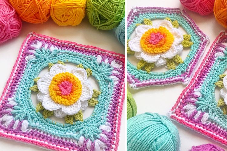 Colorful yarn balls beside a crocheted square featuring a flower pattern in pastel shades.