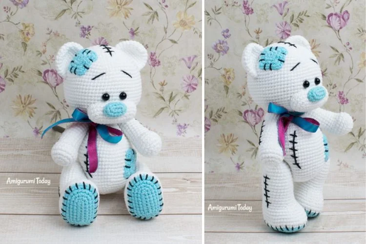 Two views of a crocheted amigurumi bear with blue accents and a ribbon, displayed against a floral background.