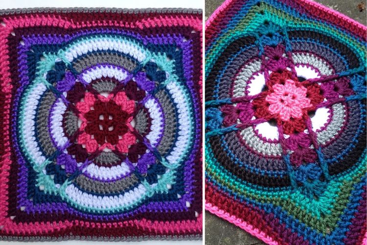 Two colorful crochet squares with intricate patterns displayed side by side.