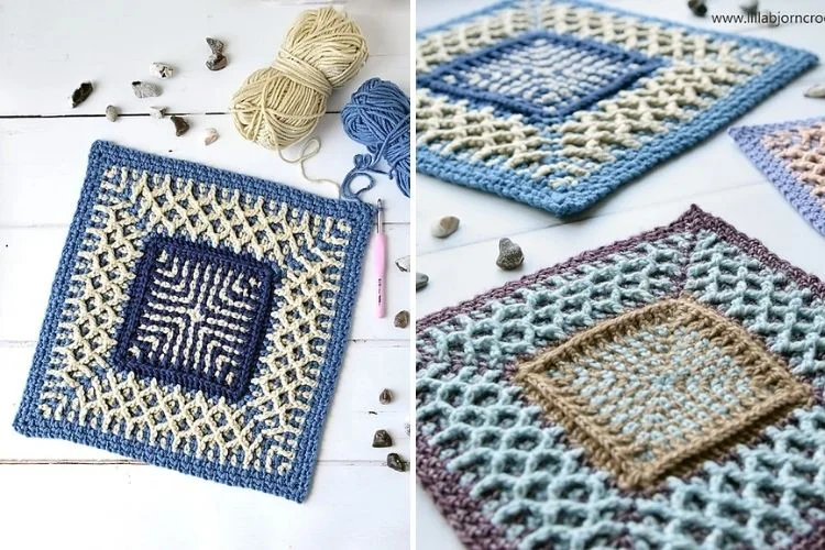 Handmade crochet squares in two different color schemes placed beside yarn and crochet tools.