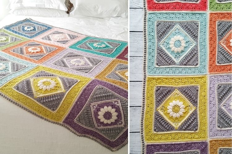 Colorful handmade crochet blanket with geometric patterns displayed on a bed.