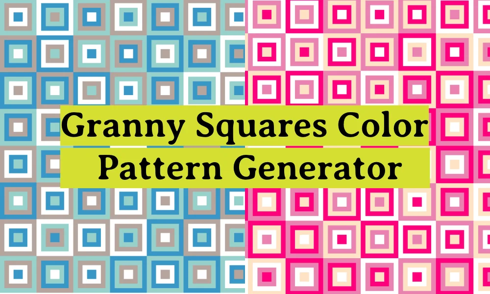 Abstract colorful pattern featuring granny square designs with text overlay "granny squares color pattern generator".