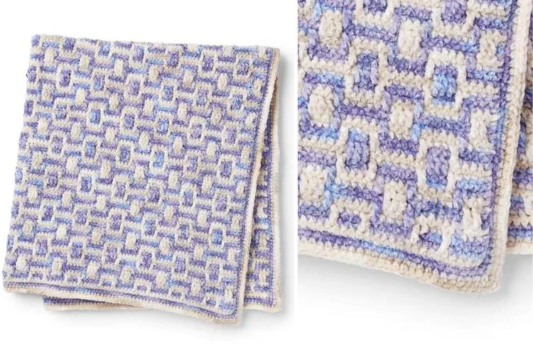 Blue and white patterned knit blankets with a close-up view on the texture.