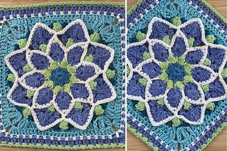 Two square-shaped crochet pieces with a flower pattern in shades of blue, green, white, and purple laid out on a wooden surface.