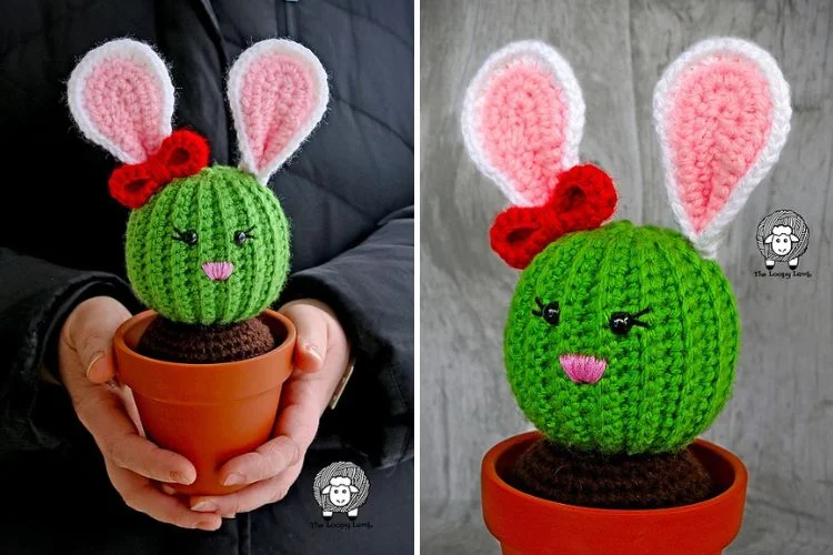 A person holding a crocheted cactus with bunny ears and a bow decoration, placed in a small pot, alongside a standalone view of the same crocheted cactus.