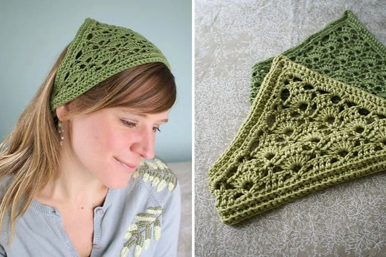 A woman wearing a green crocheted headband and a close-up view of the same headband design laid flat on a patterned fabric.