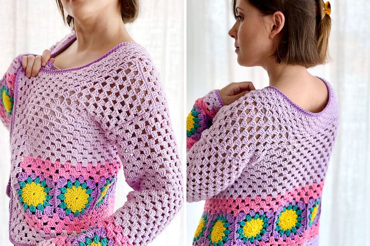 a woman wearing a violet crochet cardigan made of granny stitch and several granny squares