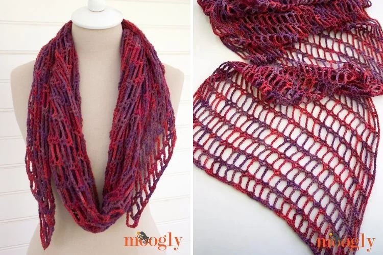 A handmade crochet infinity scarf in variegated red and purple hues displayed on a mannequin and a close-up of the stitch pattern.