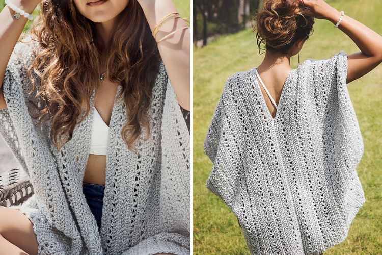 A woman wearing a white crochet poncho, sitting outdoors, with a close-up of the back showing detailed pattern and texture.