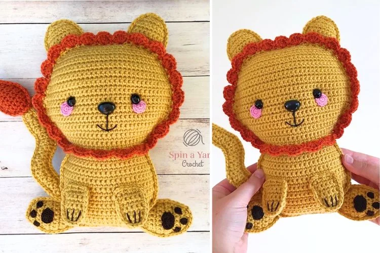 Handmade crocheted lion toy with prominent eyes and a mane displayed on a wooden background.