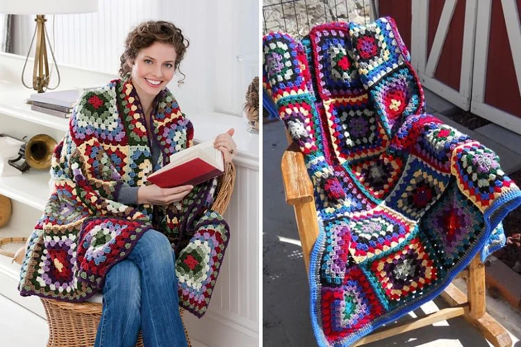 A smiling woman wrapped in a colorful crocheted blanket reading a book, and the same blanket draped over a wooden chair.