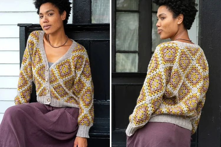 a woman wearing a crochet buttoned cardigan made of granny squares