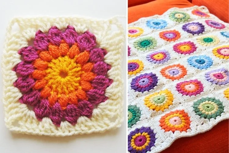 Handcrafted crochet granny squares with colorful flower patterns.