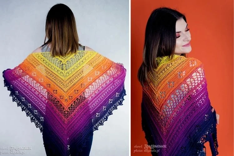 A woman displays a colorful, gradient crocheted shawl in a studio setting, with images showcasing both the back and side views.