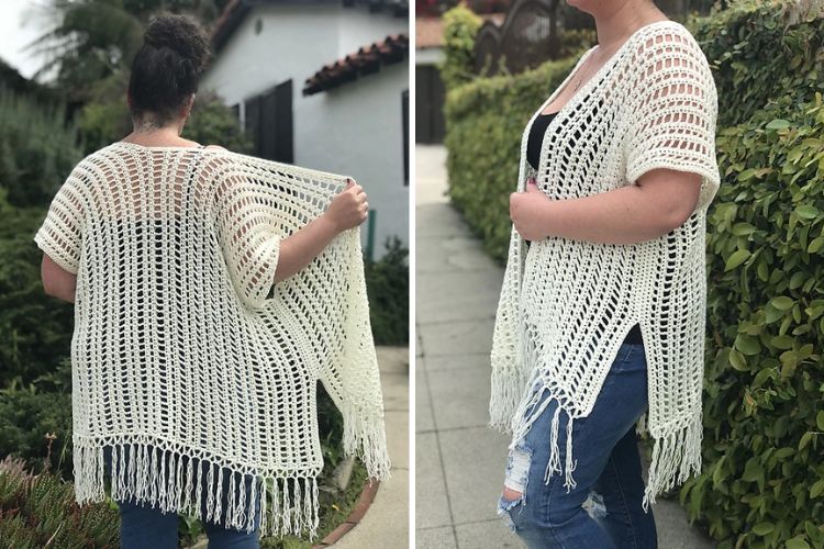 a woman wearing a white lace crochet cardigan with tassels