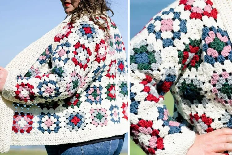 a woman wearing a crochet cardigan made of granny squares