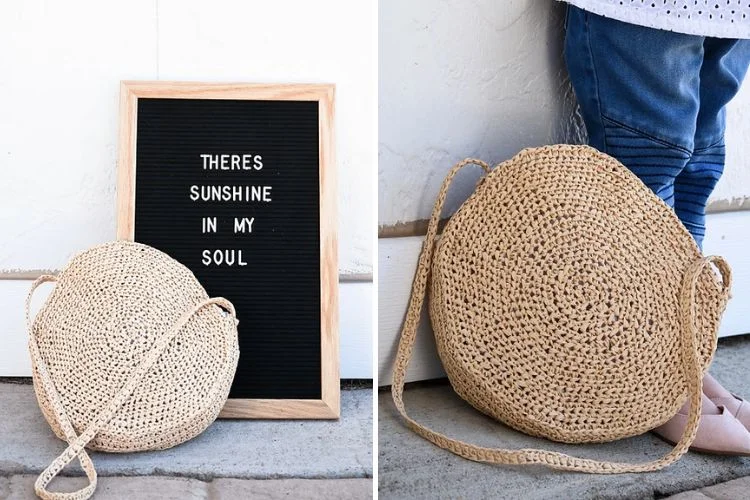 a round crochet bag in a neutral color