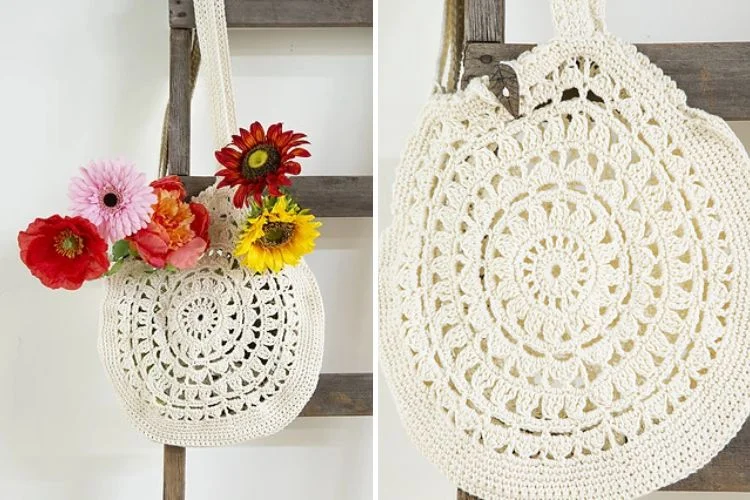 a round crochet tote in an ecru color