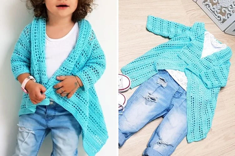 a child wearing a blue crochet cardigan