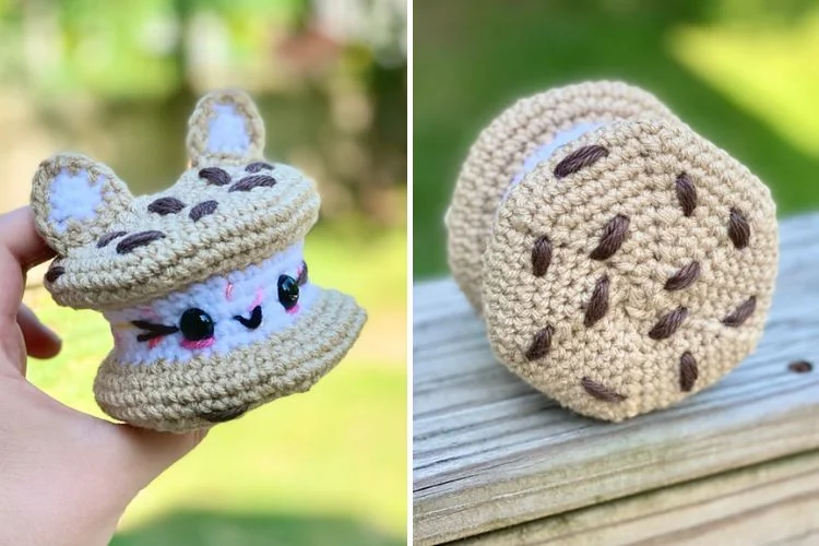 A hand holding a crochet plushie shaped like a cupcake with a rabbit face design, and a second image of the plushie showing a cupcake back with sprinkle details.