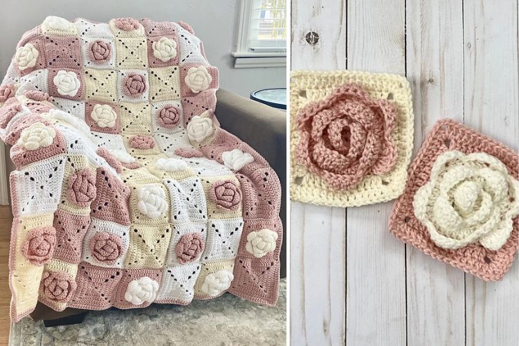 Handmade crochet blanket with floral design displayed next to a close-up of a single crochet flower square.