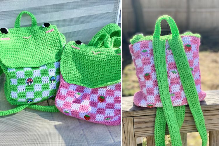 Two handmade crochet backpacks with colorful patterns and button closures displayed outdoors.