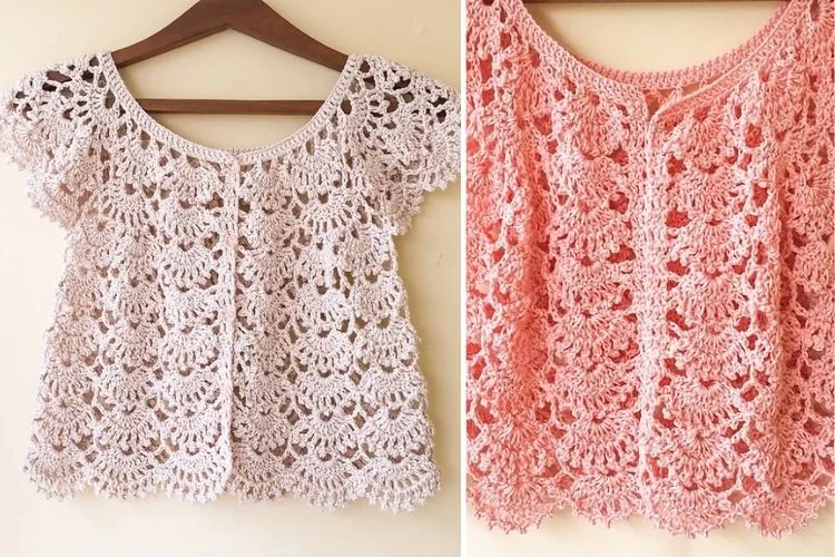 a crochet summer cardigan with picot fans