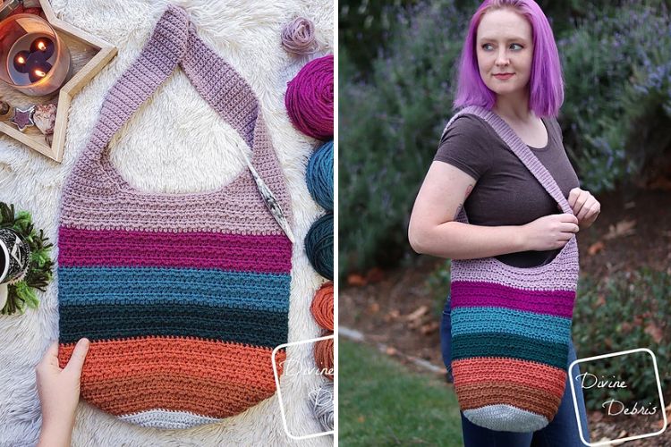 a woman wearing a striped crochet bag