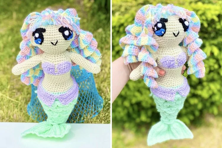 a crochet rainbow mermaid amigurumi