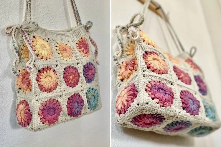 Two images of a handmade crochet bag featuring colorful floral patterns, displayed hanging on a white wall.