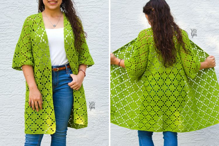 a woman wearing a green crochet cardigan with a diamond pattern