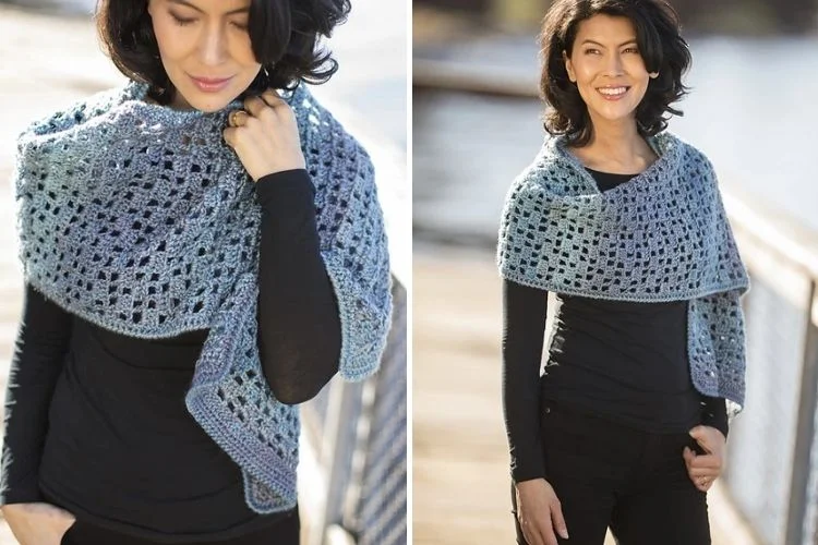 A woman in a black top smiles outdoors, wearing a light blue crochet shawl, with an alternate close-up view focusing on her adjusting the shawl.