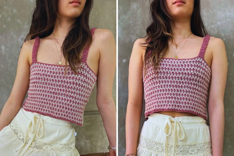 Young woman wearing a handmade red and white cropped tank top paired with a white skirt, posing against a neutral background.