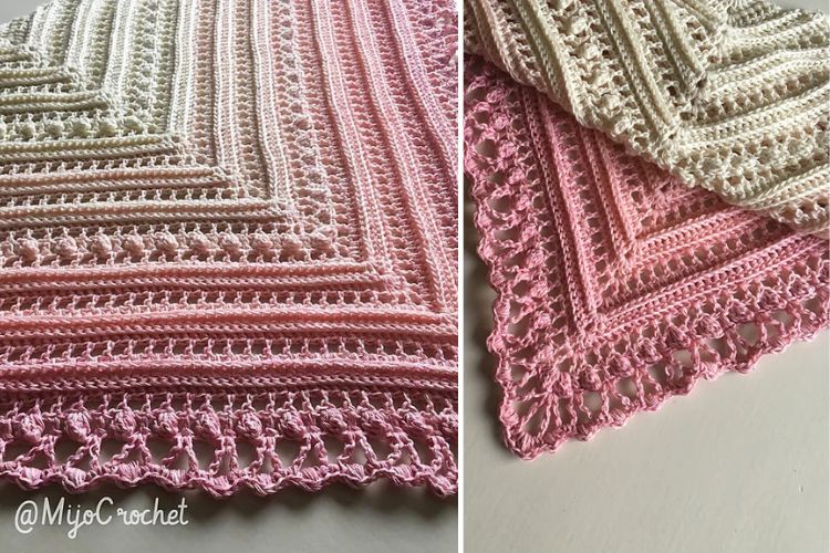 Two panels showing detailed crochet blankets, one in light pink and the other in off-white, both featuring intricate patterns and fringed edges.