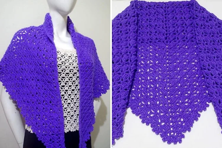 Mannequin wearing a handmade purple crochet shawl, with a close-up view of the shawl's intricate lace pattern on the right.