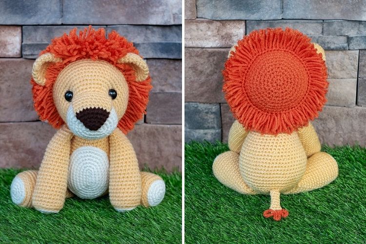 Handmade crochet lion toy sitting on artificial grass, shown from both front and back angles.