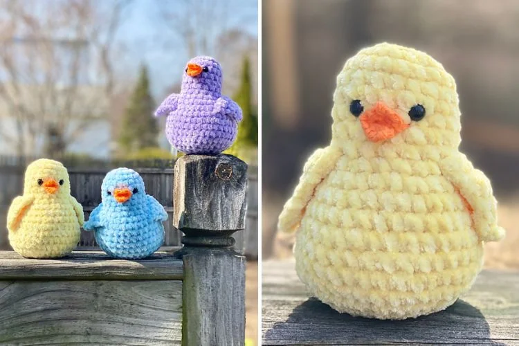 Three crocheted birds in varying colors perched on a wooden fence on the left, and a close-up of a single crocheted yellow chick on the right.