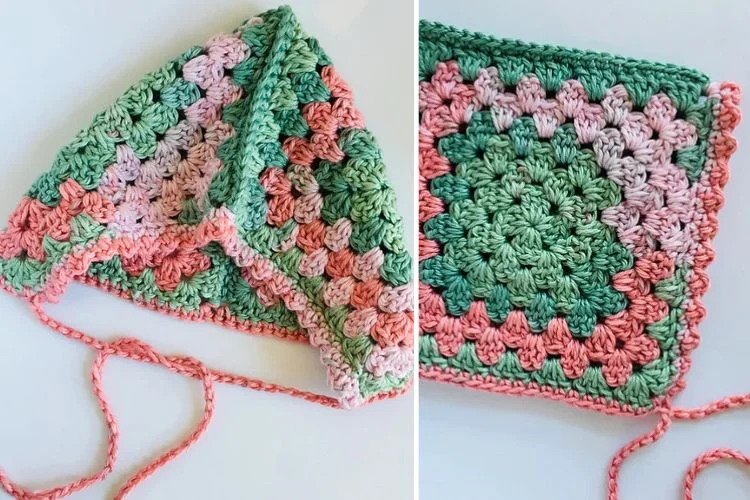 a crochet baby bonnet made of two granny squares