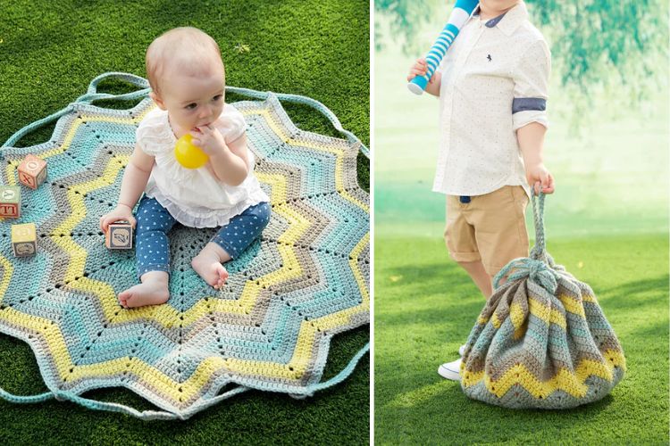 a baby sitting on a crochet blanket and a little boy holding a crochet bag