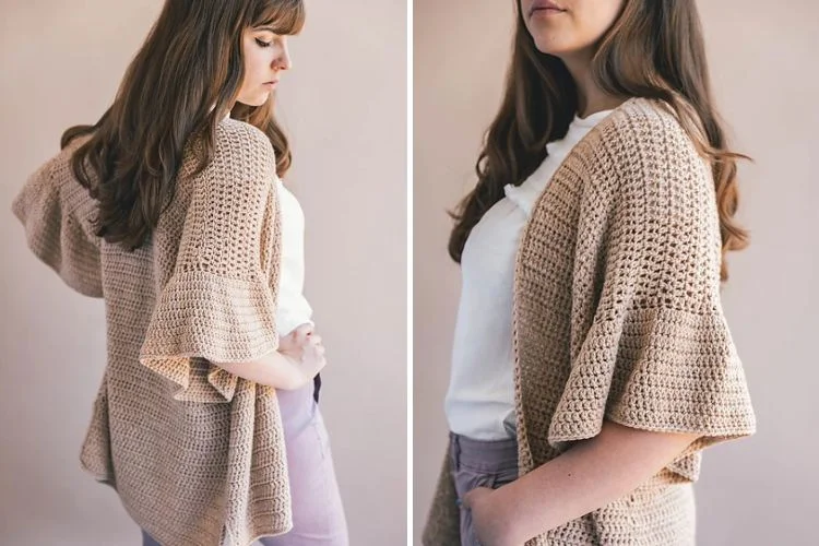 Woman wearing a beige crochet shawl over a white shirt, and light pink pants, shown from two angles focusing on the shawl.