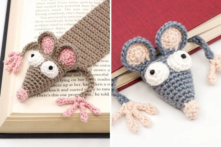 Handmade crochet mouse bookmarks resting on open and closed books.