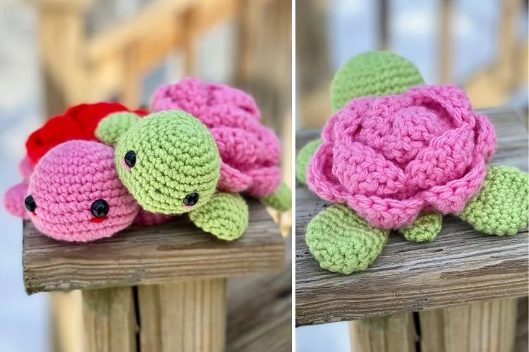 Handcrafted crochet turtles with a detailed pink flower on a wooden surface.